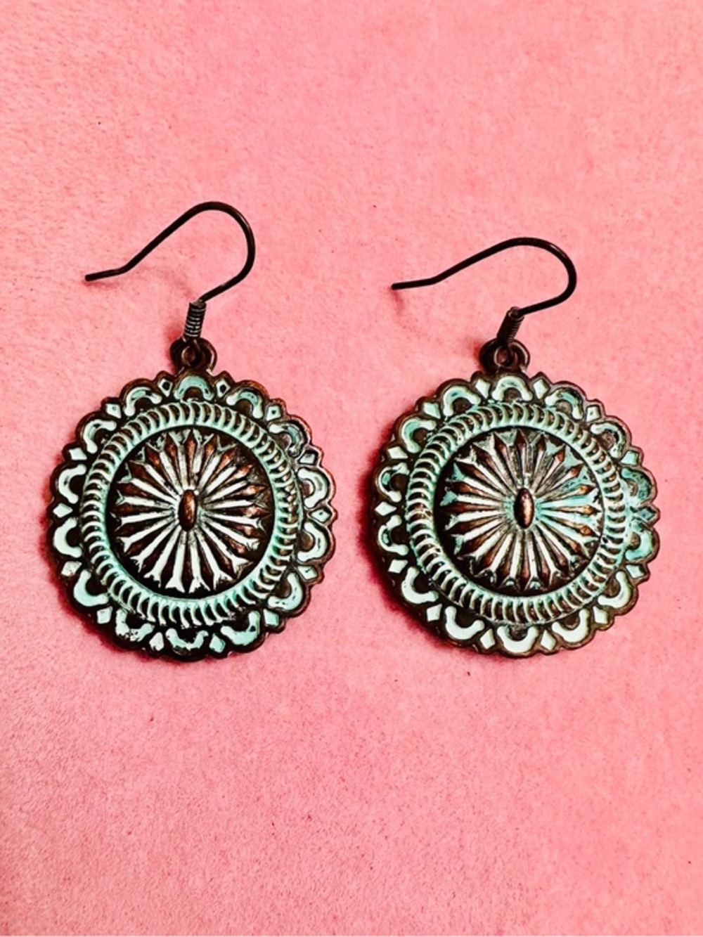 Patina Western Concho Medallion Dangle Earrings Boho Turquoise Look